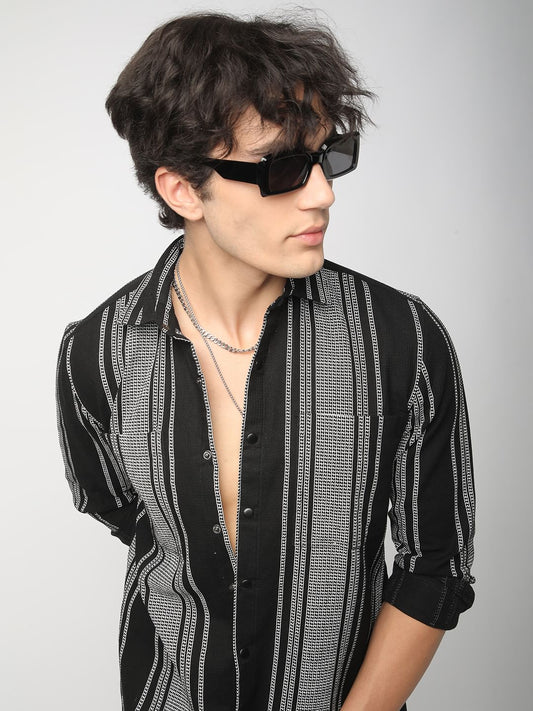 Refined Black Double Pocket Waffle Striped Shirt