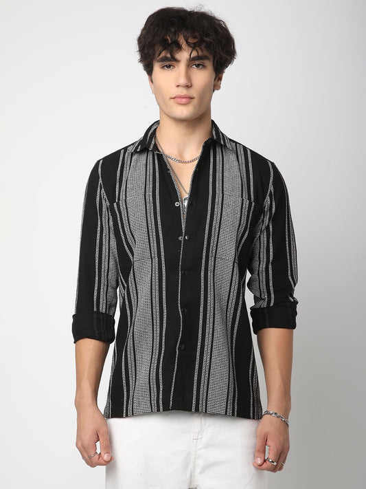 Refined Black Double Pocket Waffle Striped Shirt