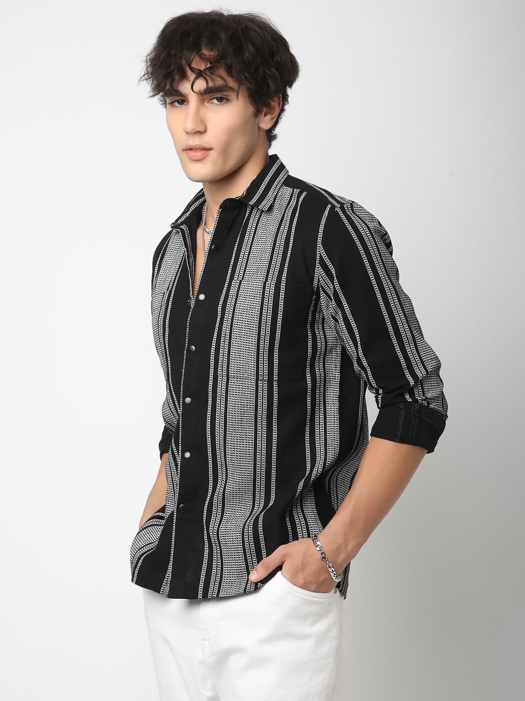 Refined Black Double Pocket Waffle Striped Shirt