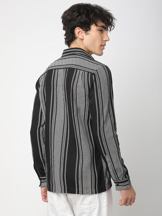 Refined Black Double Pocket Waffle Striped Shirt