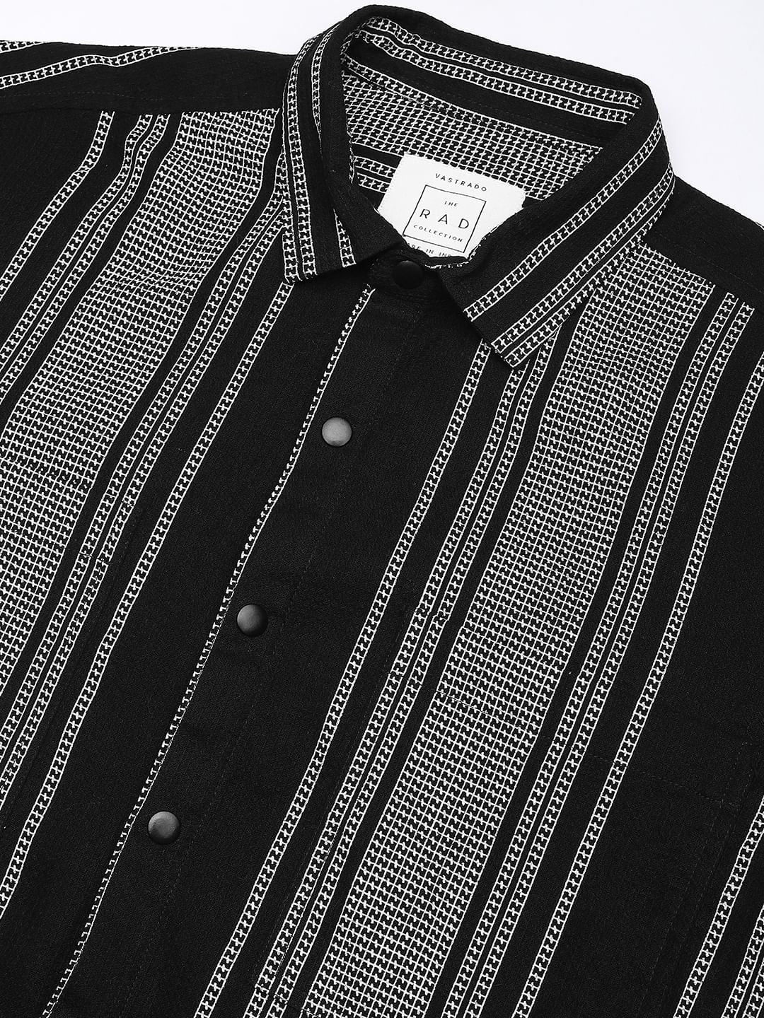 Refined Black Double Pocket Waffle Striped Shirt