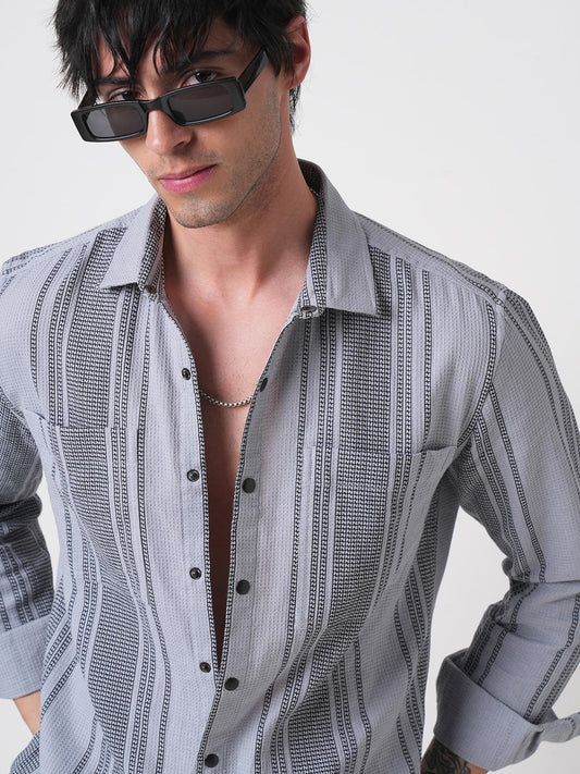 Refined Fossil Grey Waffle Striped Double Pocket Shirt