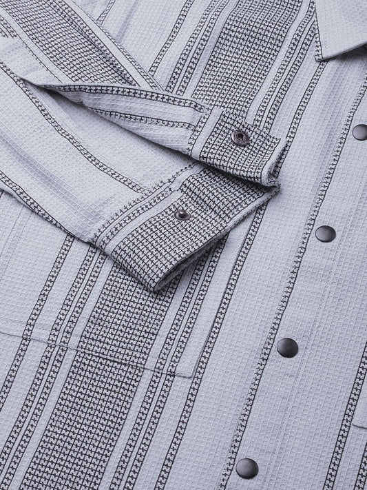 Refined Fossil Grey Waffle Striped Double Pocket Shirt