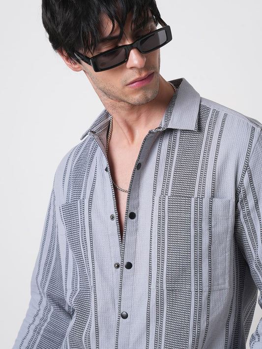 Refined Fossil Grey Waffle Striped Double Pocket Shirt