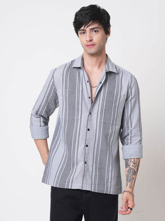 Refined Fossil Grey Waffle Striped Double Pocket Shirt