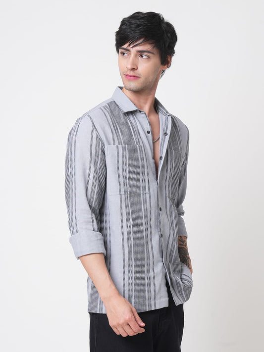 Refined Fossil Grey Waffle Striped Double Pocket Shirt
