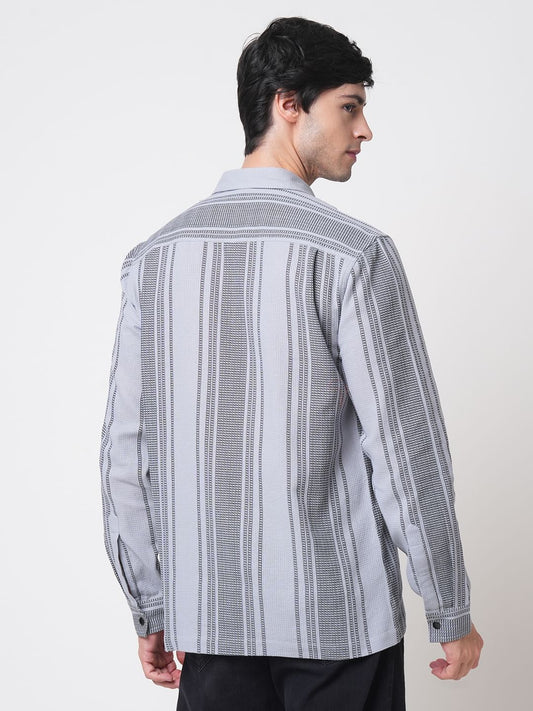 Refined Fossil Grey Waffle Striped Double Pocket Shirt