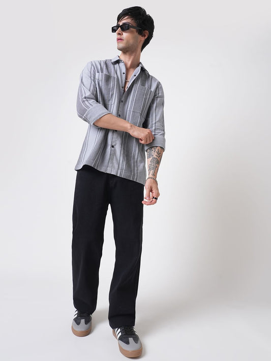 Refined Fossil Grey Waffle Striped Double Pocket Shirt