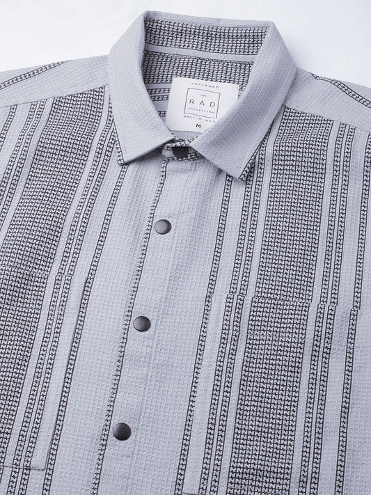 Refined Fossil Grey Waffle Striped Double Pocket Shirt
