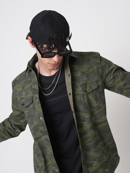 Olive Camouflage Double Pocket Overshirt