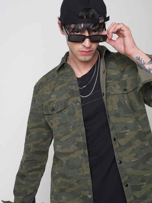 Olive Camouflage Double Pocket Overshirt