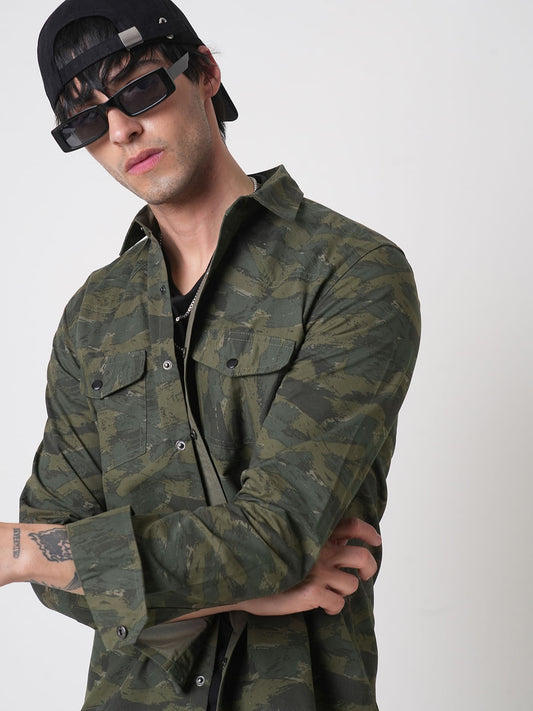 Olive Camouflage Double Pocket Overshirt