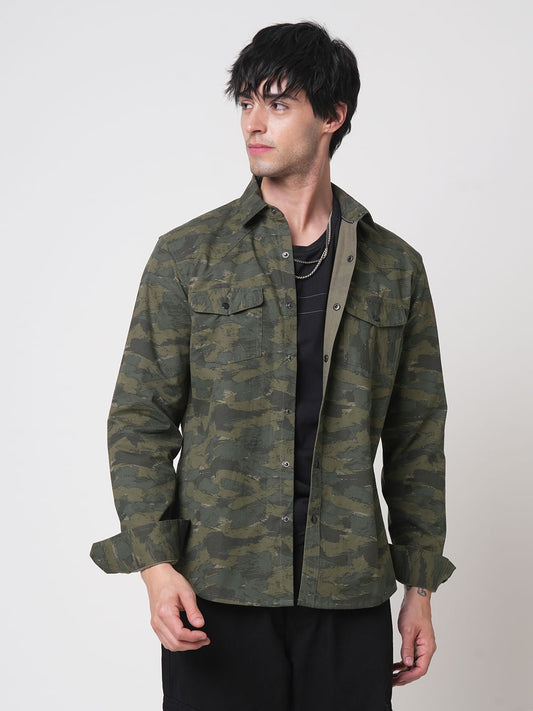 Olive Camouflage Double Pocket Overshirt