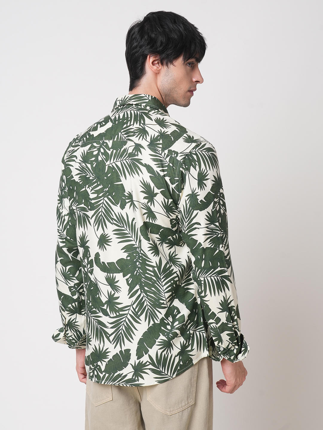 Cream & Olive Leafy Printed Shirt