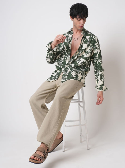 Cream & Olive Leafy Printed Shirt