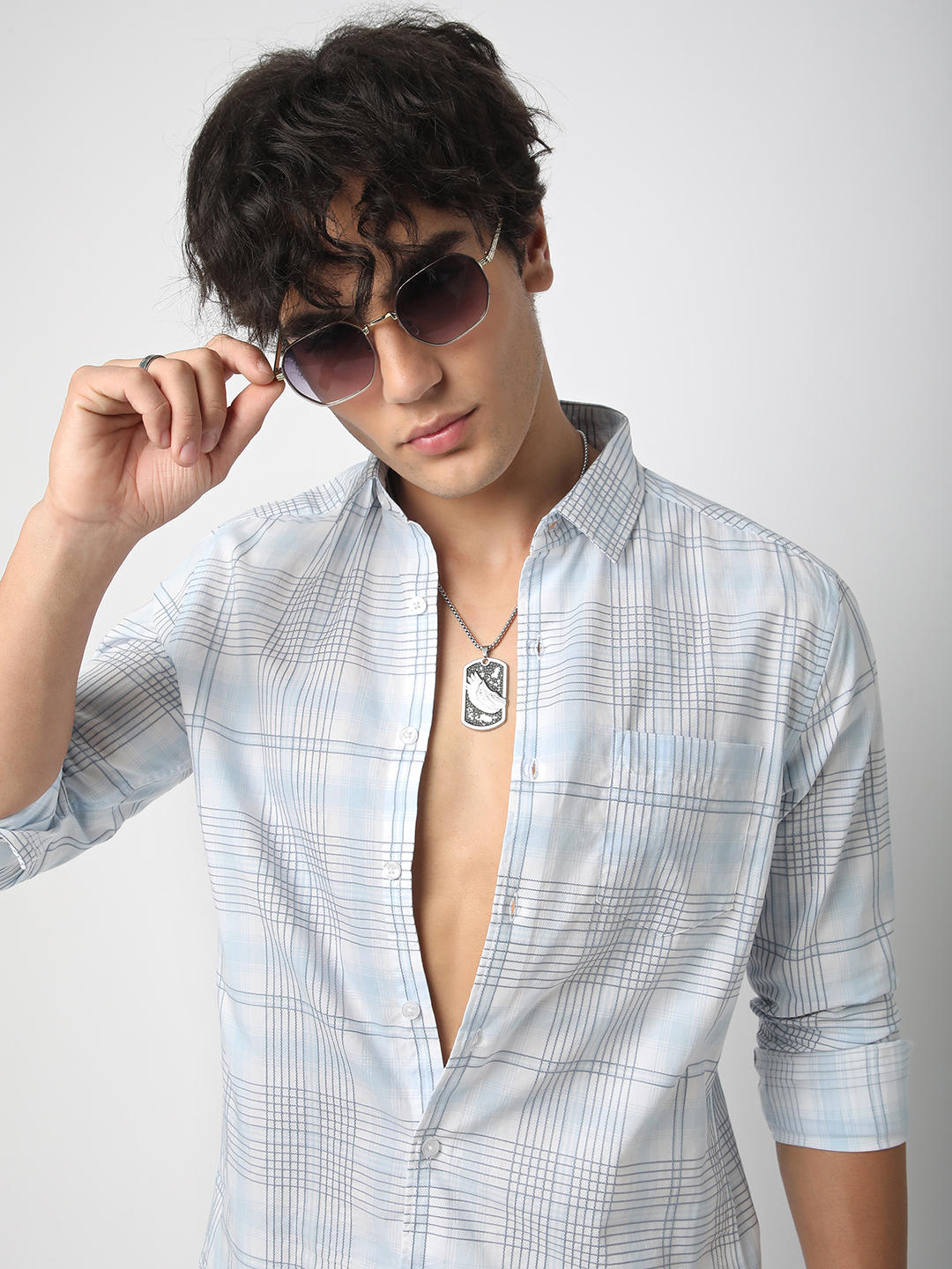 Blue & White Grid Checkered Embroidered Shirt