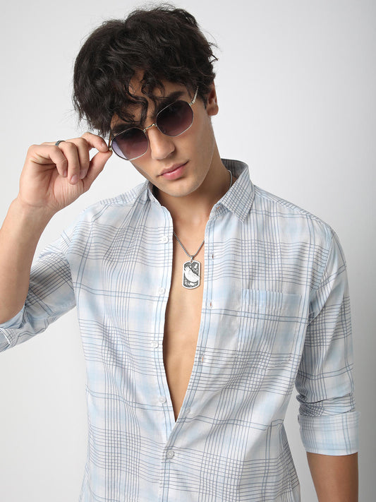 Blue & White Grid Checkered Embroidered Shirt