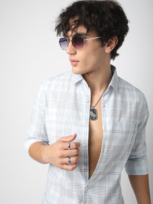Blue & White Grid Checkered Embroidered Shirt