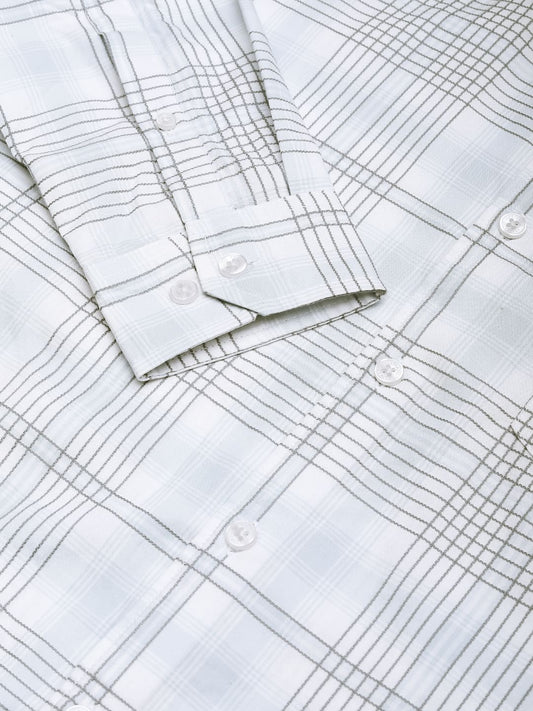 Blue & White Grid Checkered Embroidered Shirt