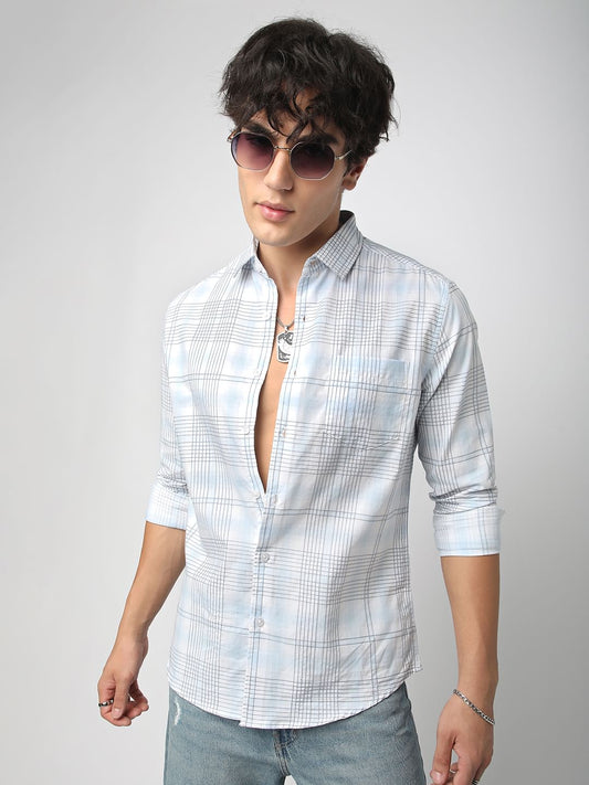 Blue & White Grid Checkered Embroidered Shirt