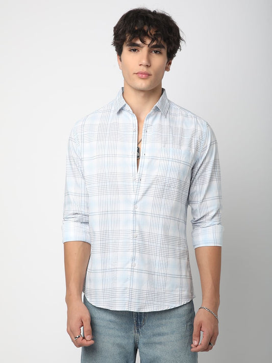 Blue & White Grid Checkered Embroidered Shirt