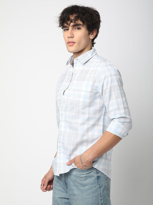 Blue & White Grid Checkered Embroidered Shirt