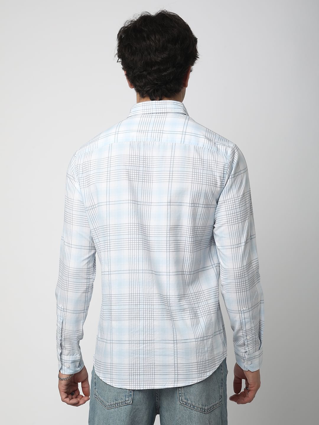 Blue & White Grid Checkered Embroidered Shirt