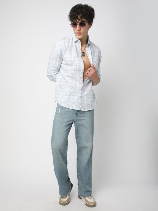 Blue & White Grid Checkered Embroidered Shirt
