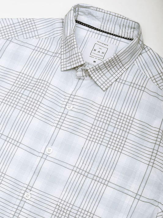 Blue & White Grid Checkered Embroidered Shirt