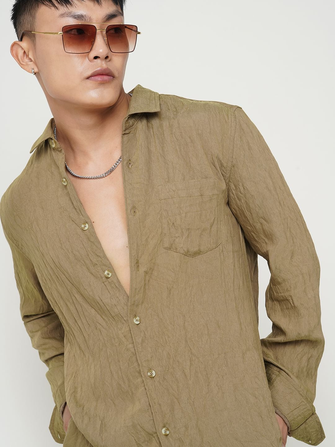 Russet Brown Wavy Textured Crushed Shirt