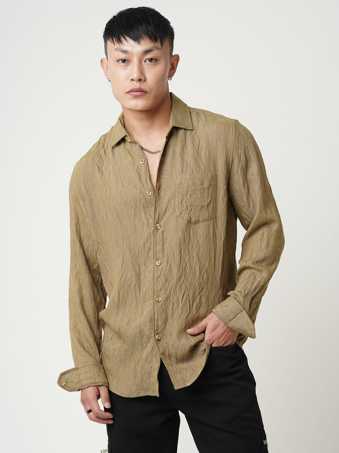 Russet Brown Wavy Textured Crushed Shirt