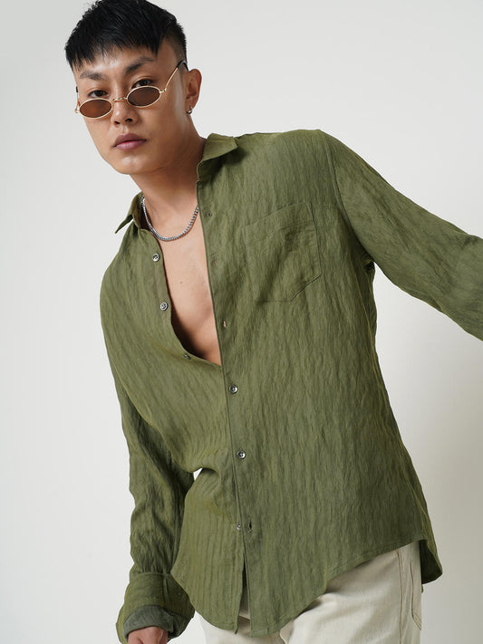 Olive Wavy Jacquard Crushed Shirt