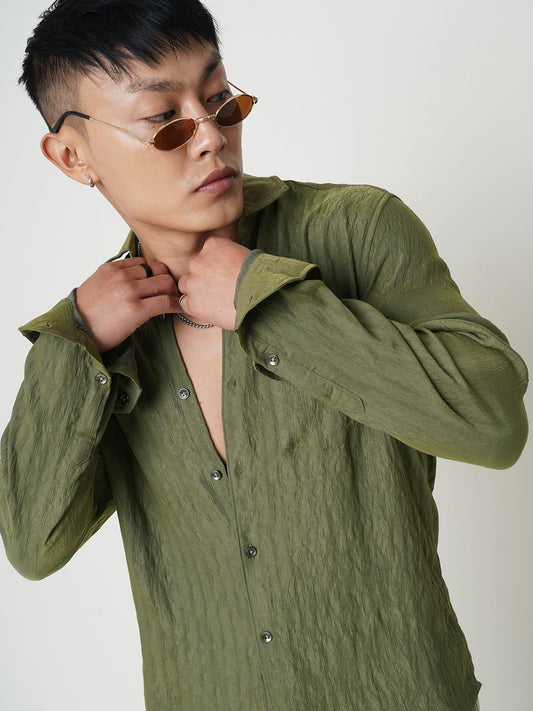 Olive Wavy Jacquard Crushed Shirt