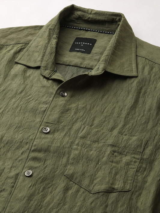 Olive Wavy Jacquard Crushed Shirt