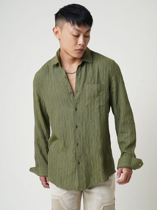 Olive Wavy Jacquard Crushed Shirt