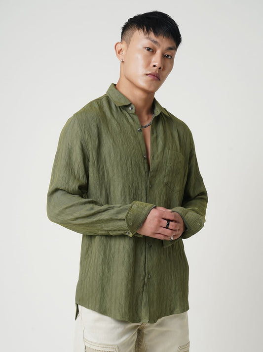 Olive Wavy Jacquard Crushed Shirt