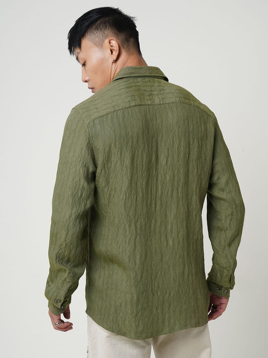 Olive Wavy Jacquard Crushed Shirt