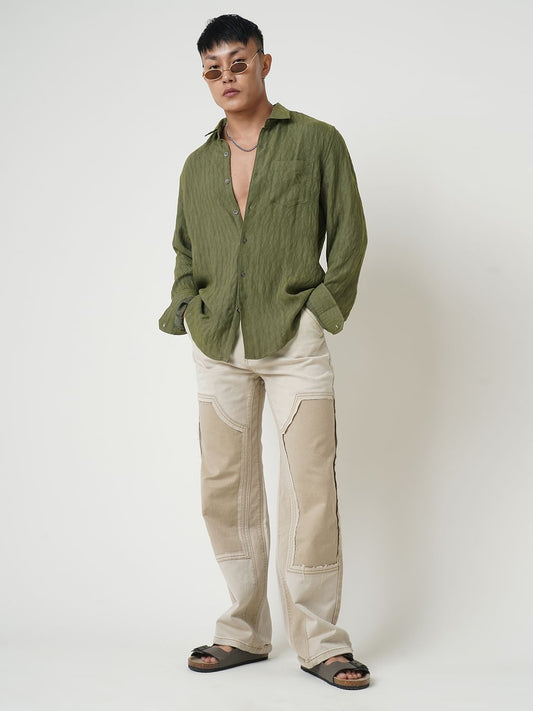 Olive Wavy Jacquard Crushed Shirt