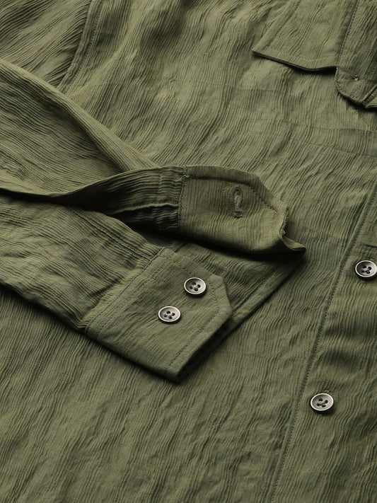 Olive Wavy Jacquard Crushed Shirt