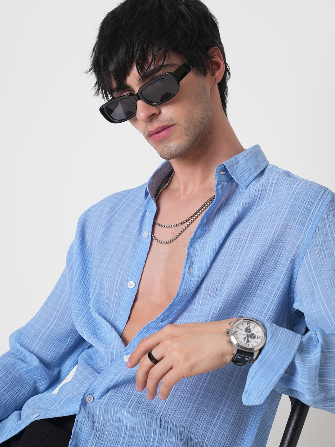 Baby Blue Vertical Striped Creased Shirt