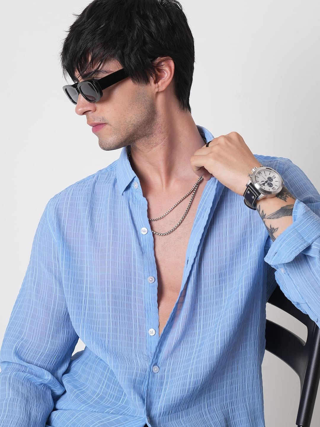 Baby Blue Vertical Striped Creased Shirt