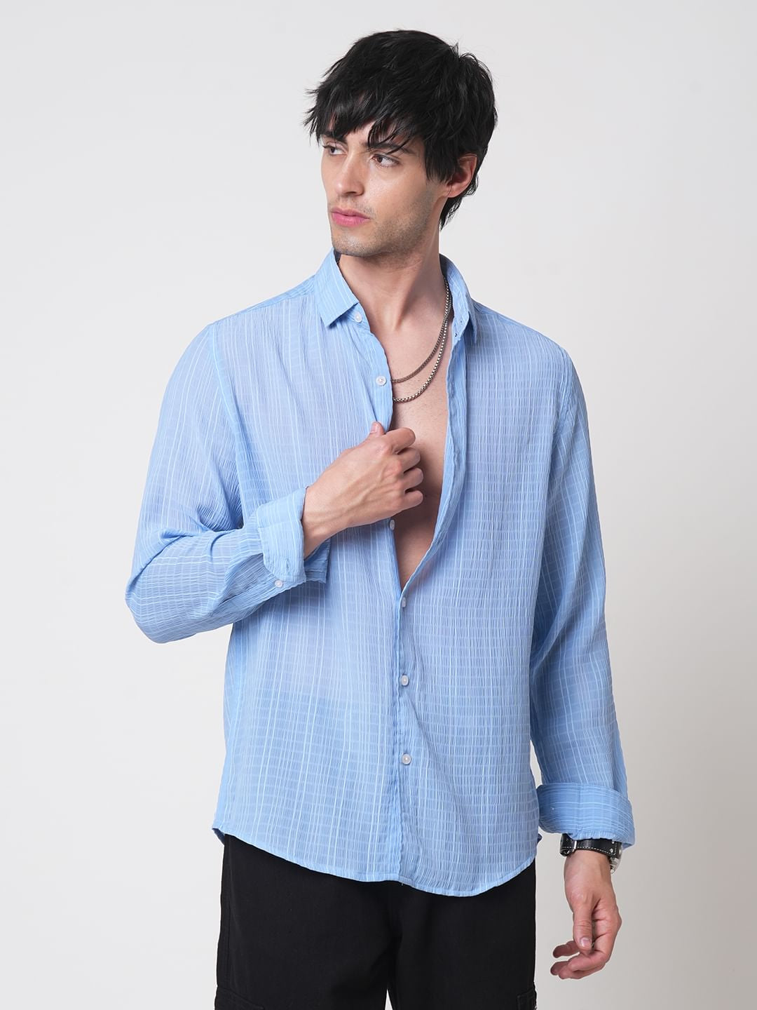 Baby Blue Vertical Striped Creased Shirt