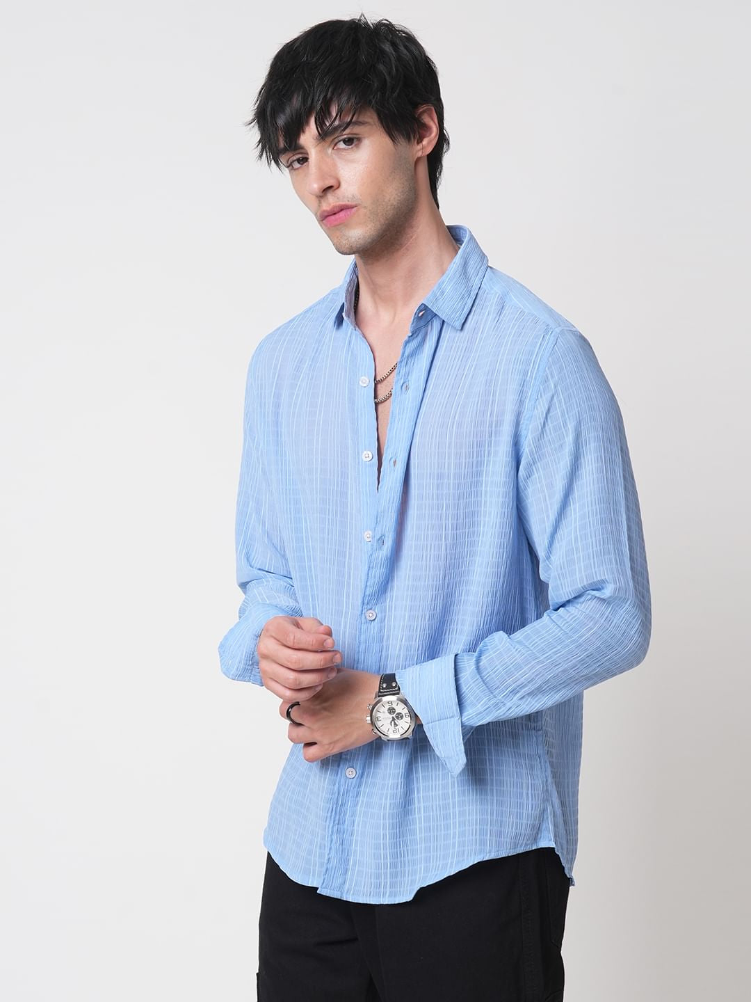 Baby Blue Vertical Striped Creased Shirt