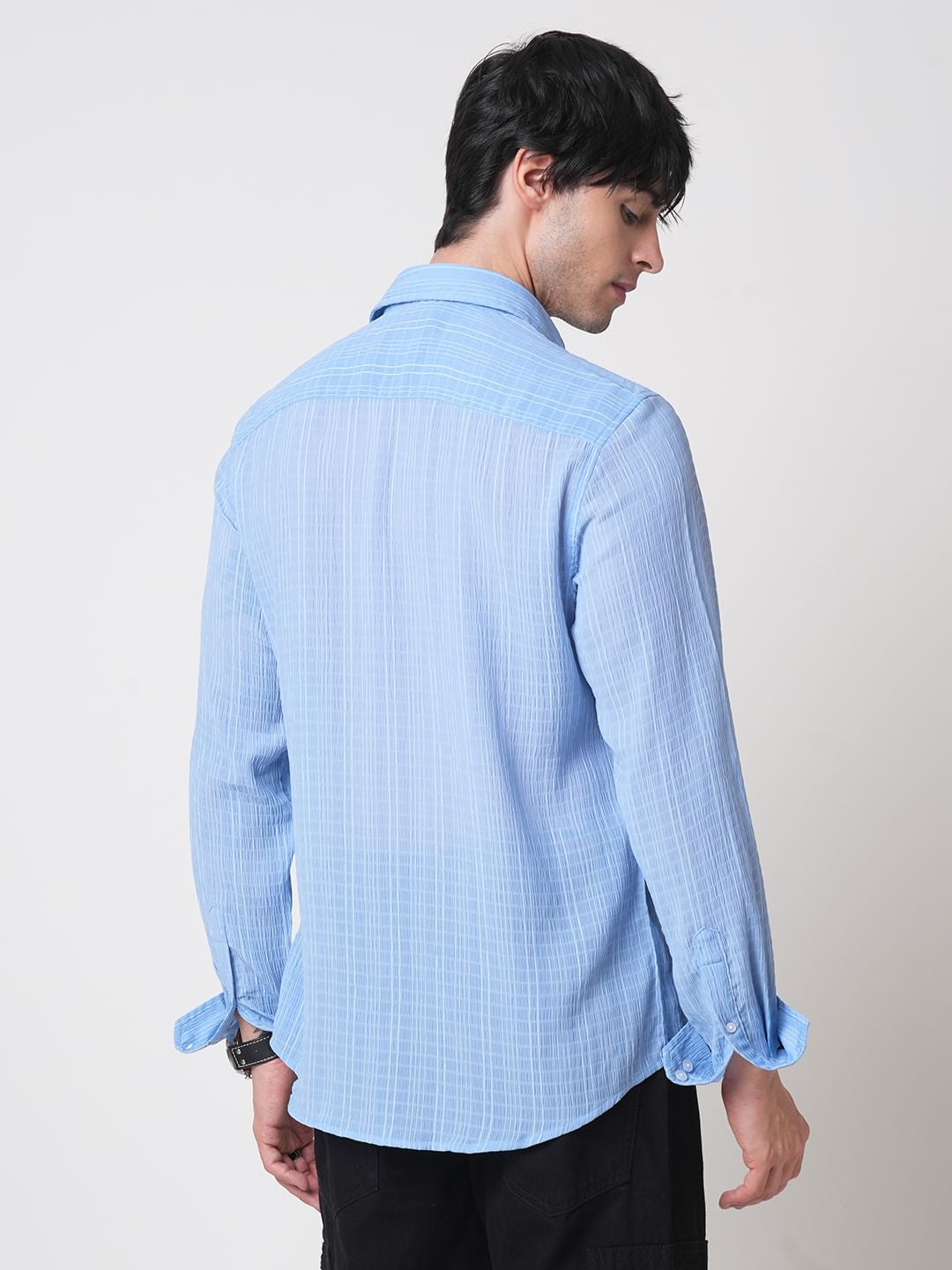 Baby Blue Vertical Striped Creased Shirt
