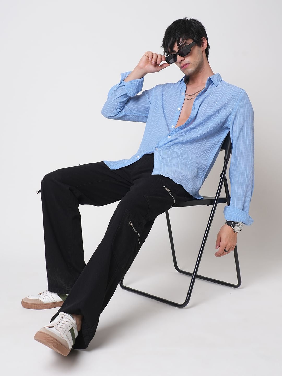 Baby Blue Vertical Striped Creased Shirt