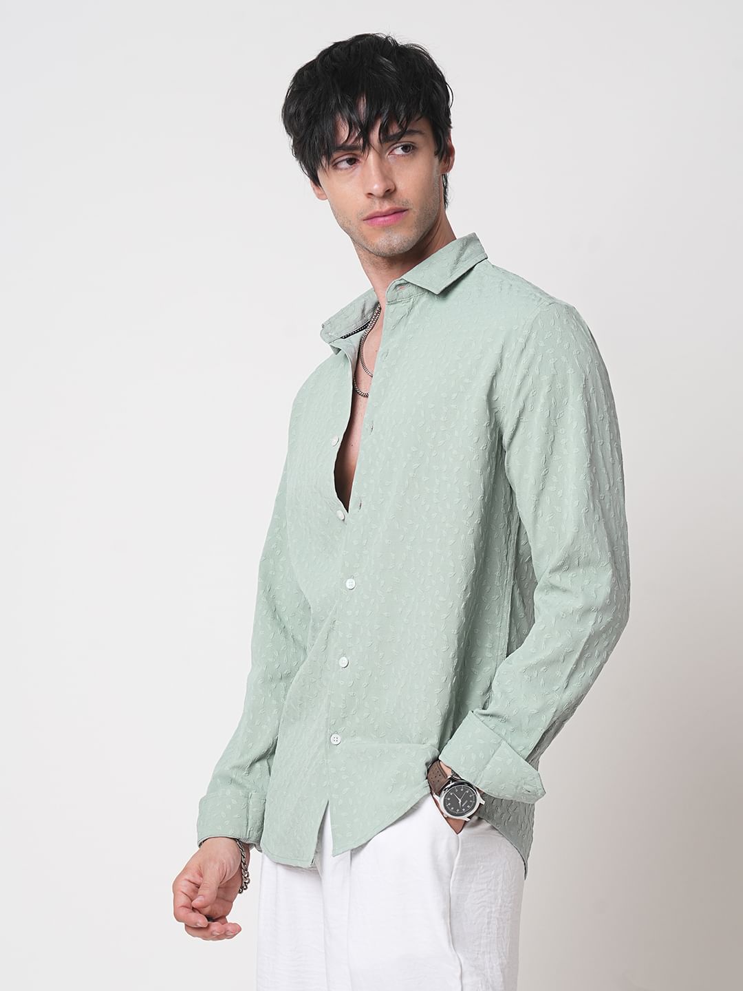 Pistachio Tiny Leaf Textured Shirt