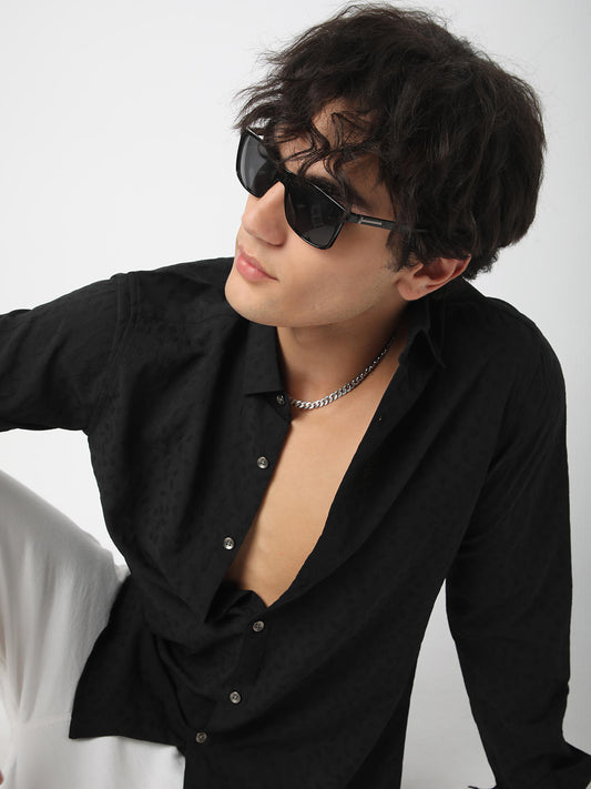 Black Tiny Leaf Textured Shirt