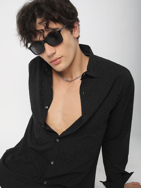 Black Tiny Leaf Textured Shirt