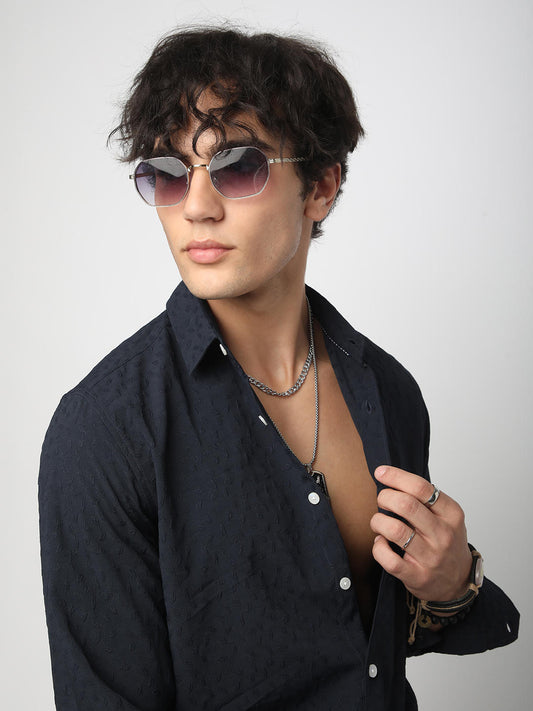 Navy Tiny Leaf Textured Shirt