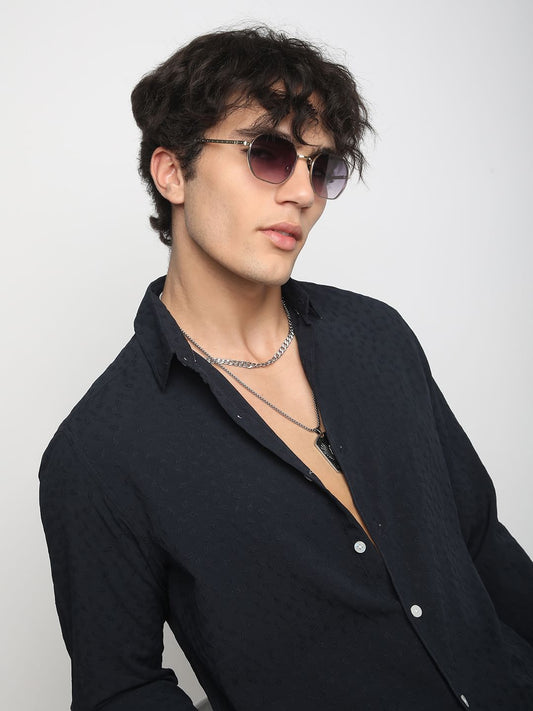 Navy Tiny Leaf Textured Shirt